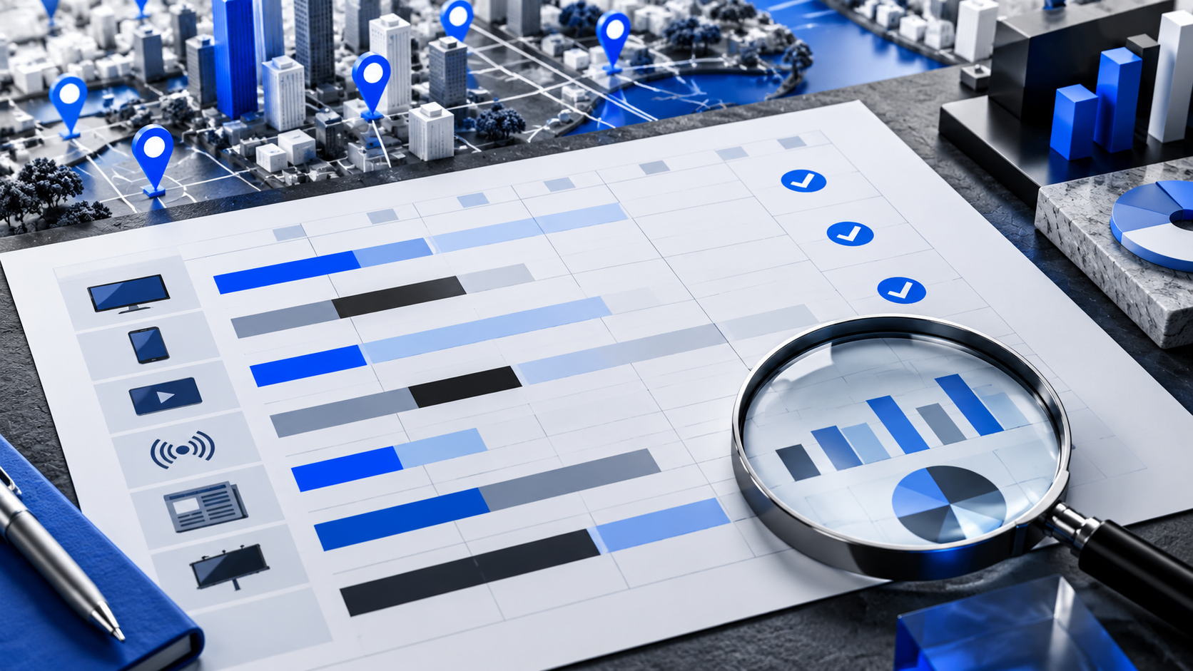 An abstract media plan with placement rows, approval marks, and a location grid in the blue Muna Media palette.