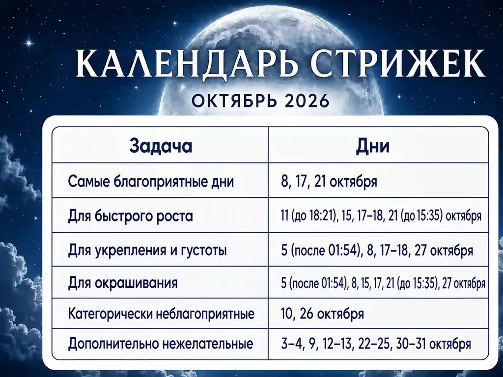 Лунный календарь стрижек на октябрь 2026 года: благоприятные и неблагоприятные дни