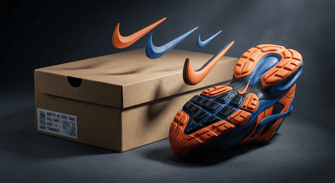 3D-рендер коробки Nike с биркой, артикулом и подошвой кроссовка Dunk