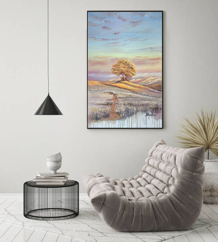 BREATH OF THE LIGHT, 50*80cm, authentic painting, author's painting, oil painting, nature, landscape, interior painting, warm shades, pastel colors, tree, clouds, clouds at 50*80 cm, sunset, Anna Reznik Artist, Buy art from Anna Reznik, картина на заказ, картина маслом
