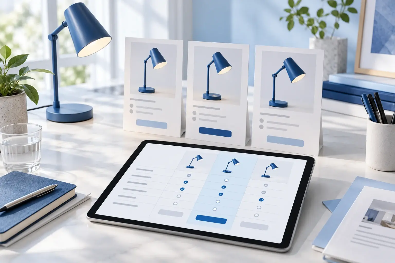 Concept illustration: A few product cards and a comparison sheet beside a tablet with aligned price rows.