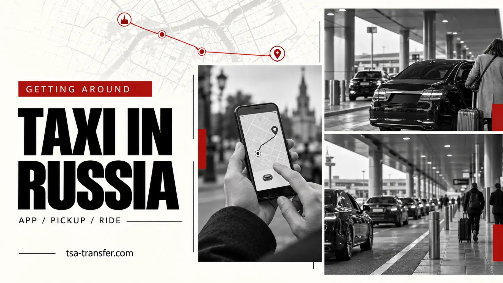 A visitor booking a taxi on a phone and meeting a car at an organized pickup point in Russia