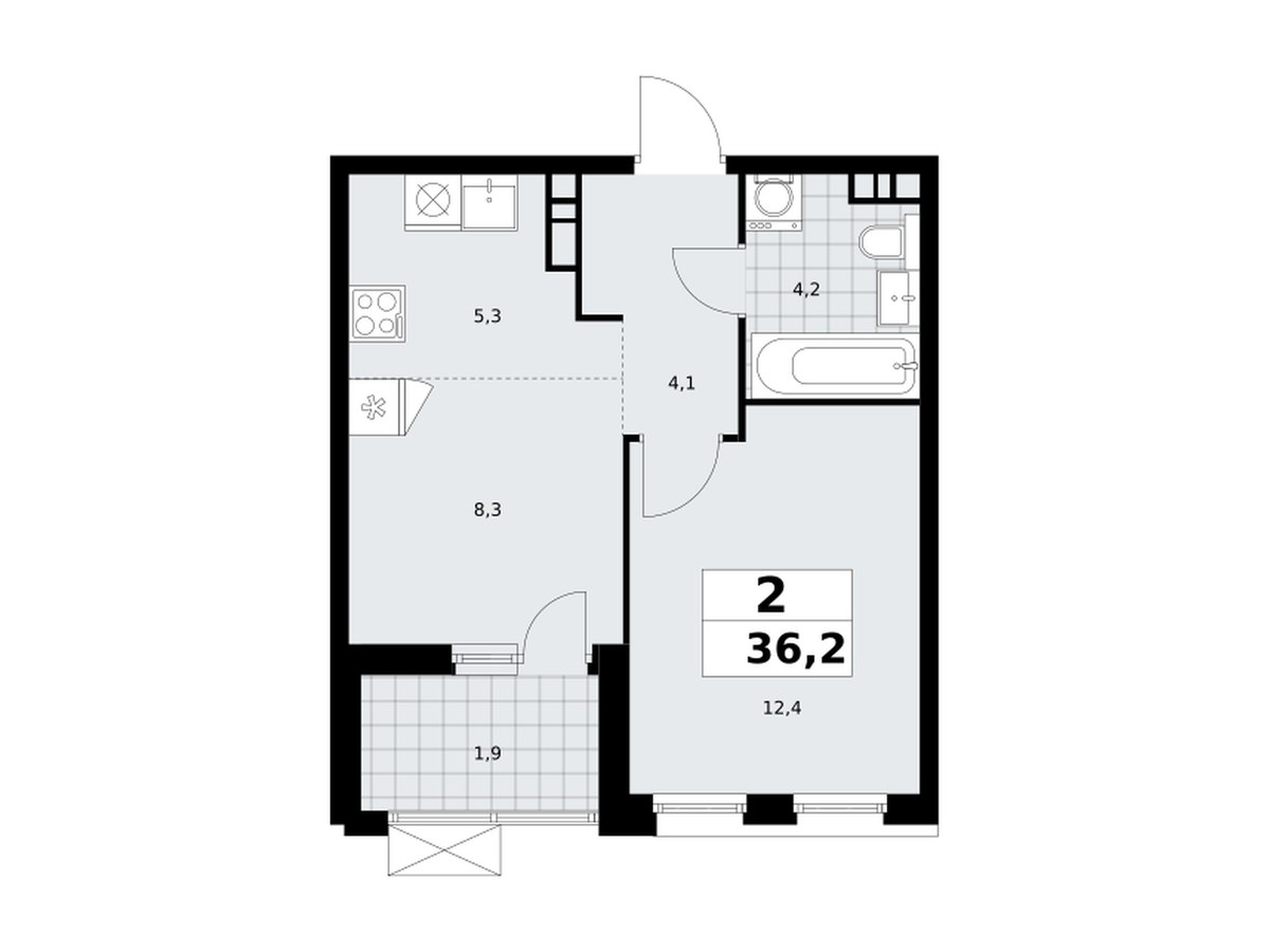 Планировка: 2-комнатная квартира 36,2 м², ЖК Скандинавия, корпус 18.1.3