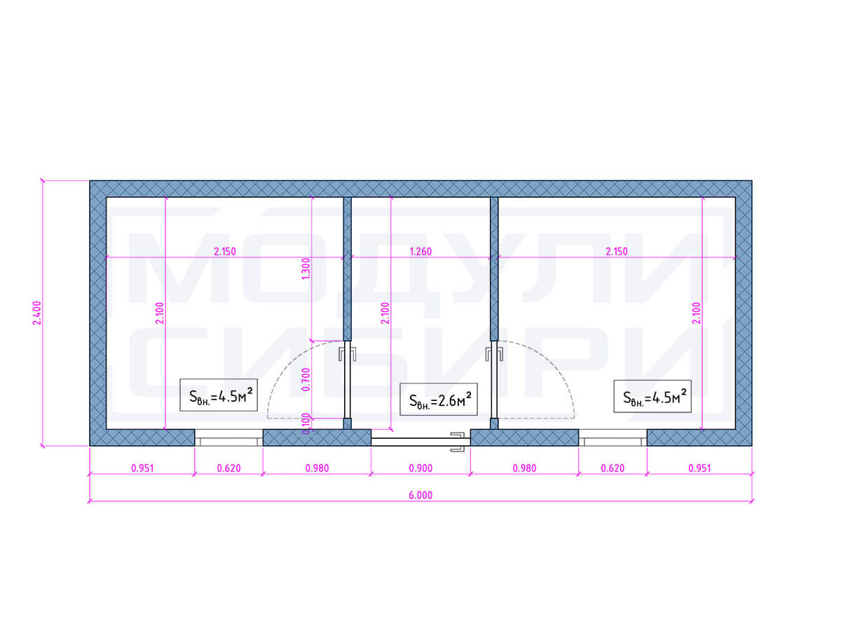 Бытовка строительная 6х2.4 чертеж