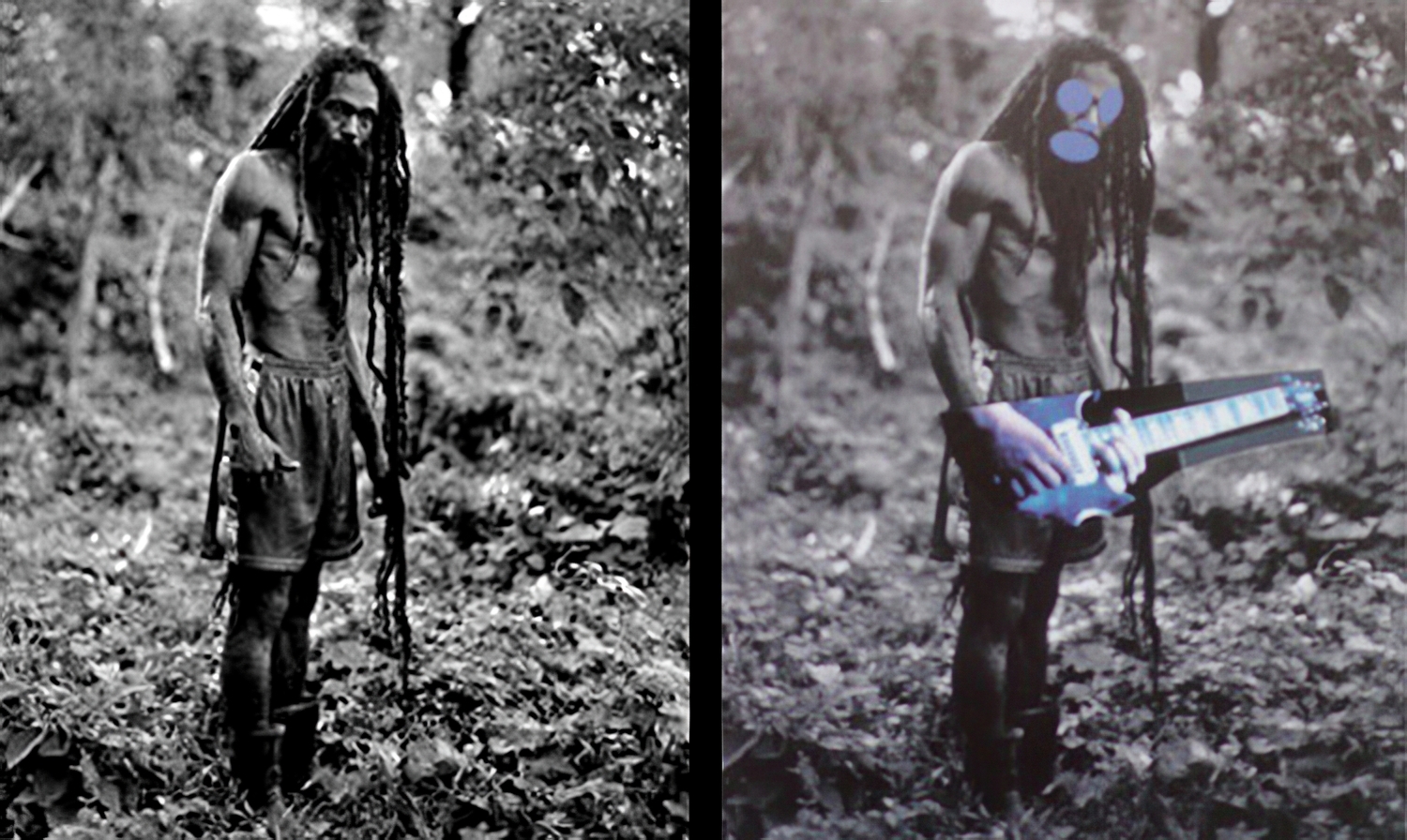 (Злева). Фотаздымак з кнігі «Да Раста» Патрыка Карыў (Справа) Твор з серыі «Зона канала» Рычарда Прынса