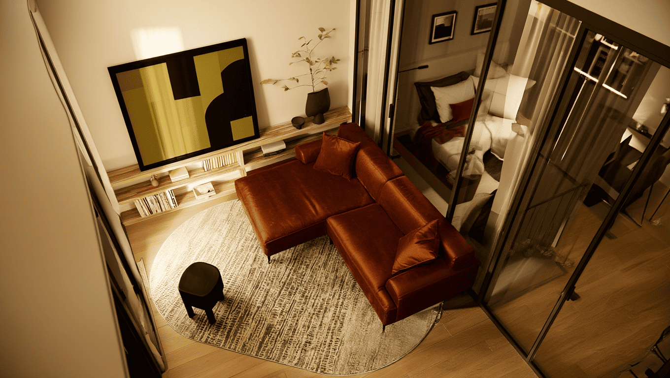 Вид сверху на гостиную: коричневый угловой диван на круглом ковре, ТВ-тумба с абстрактной картиной; за стеклом спальня