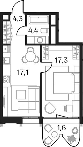 1-комн. — 45,0 м²