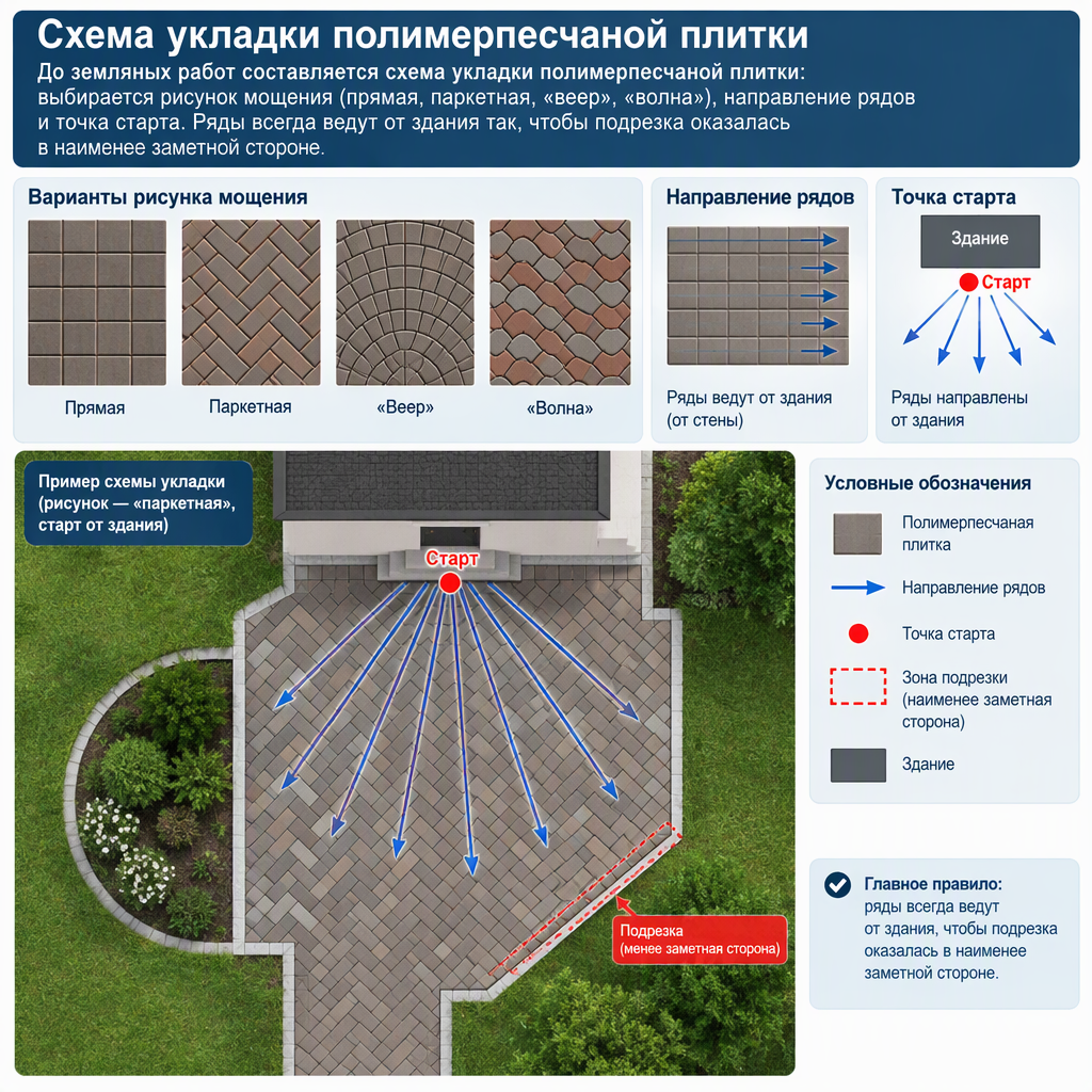 Раскладка тротуарной плитки по схеме на садовой дорожке