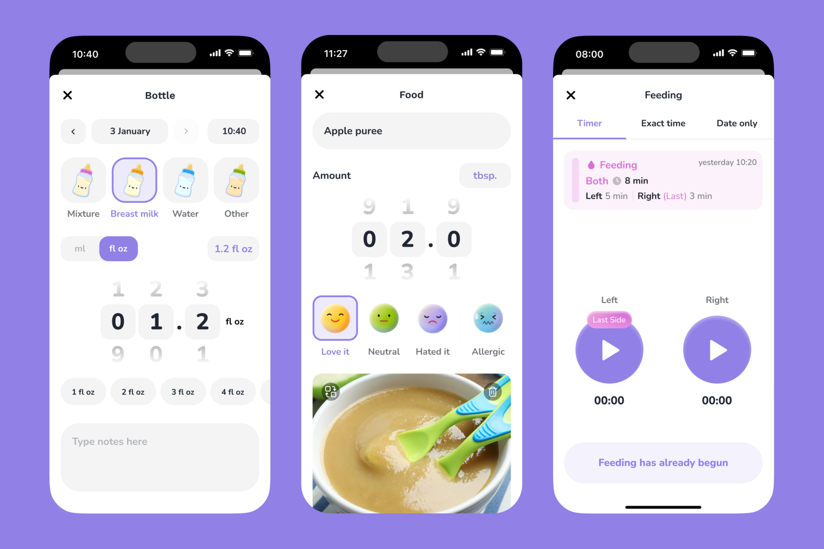 AYA Baby Tracker app screenshots showing bottle feeds, solid food logs, and breastfeeding timer.
