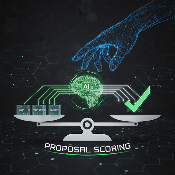 Digital Hand coming down over an AI brain to show RFP scoring with a scale