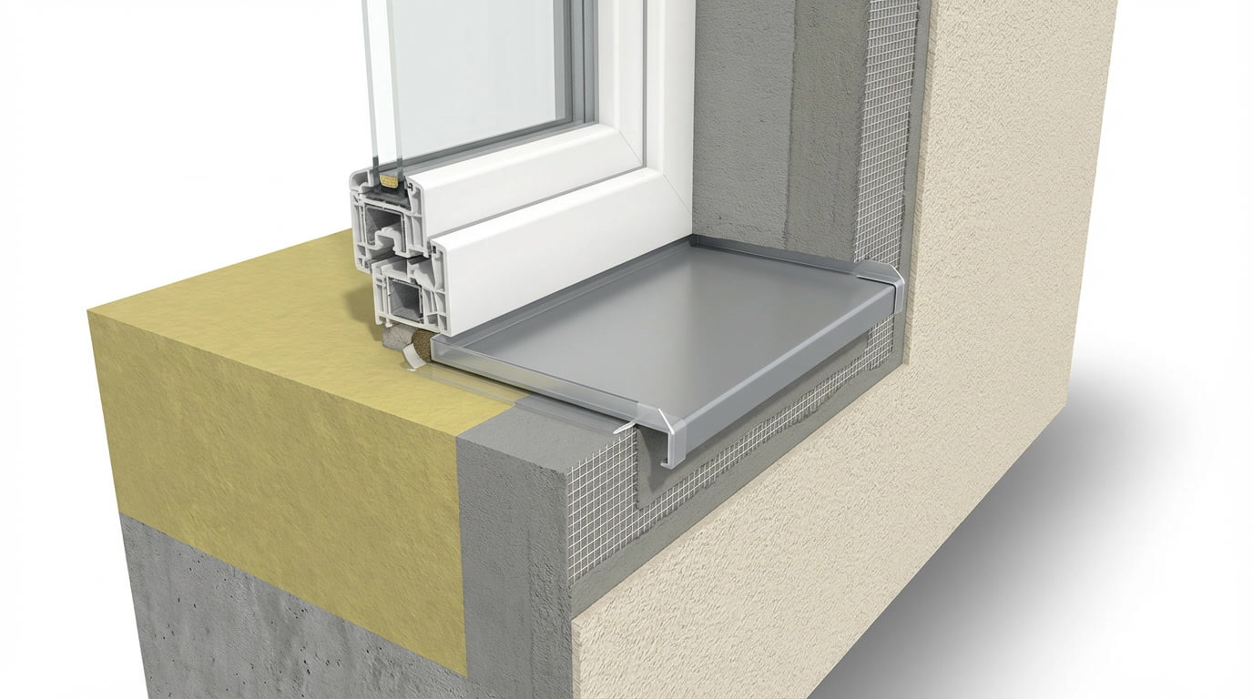 Узел примыкания фасада к окну: откос, армирование сеткой и металлический отлив с капельником в разрезе