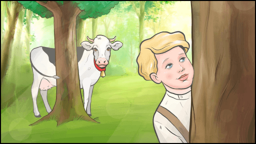 Эмоциональный фрагмент визуального нарратива: мальчик играет с коровой среди деревьев, передавая атмосферу детства
