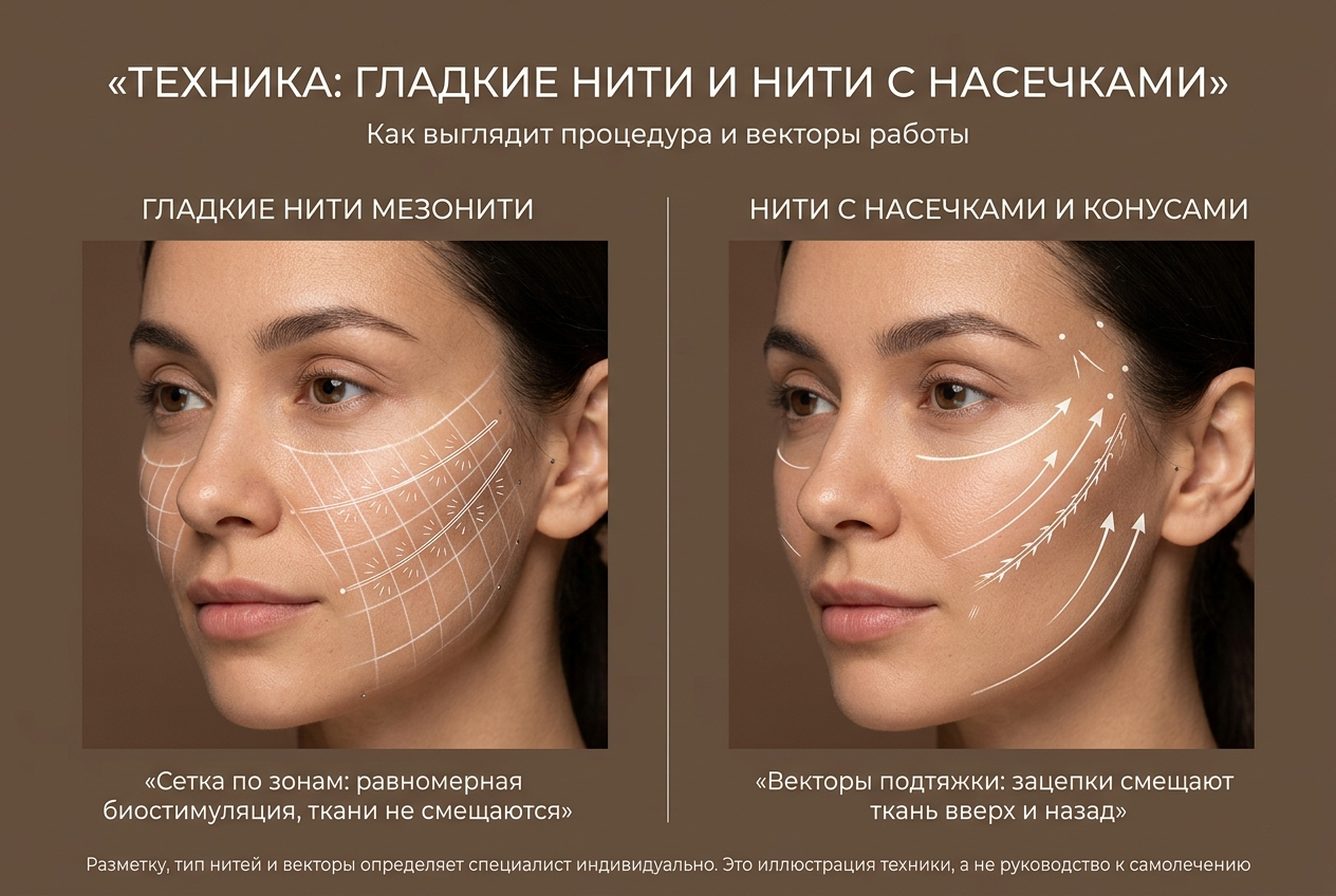 Схема техники нитевого лифтинга: гладкин нити и нити с насечками