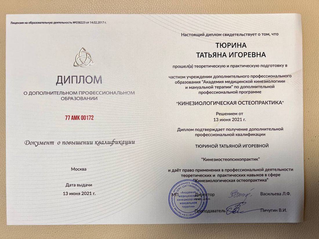Диплом или сертификат Татьяны Анахаты