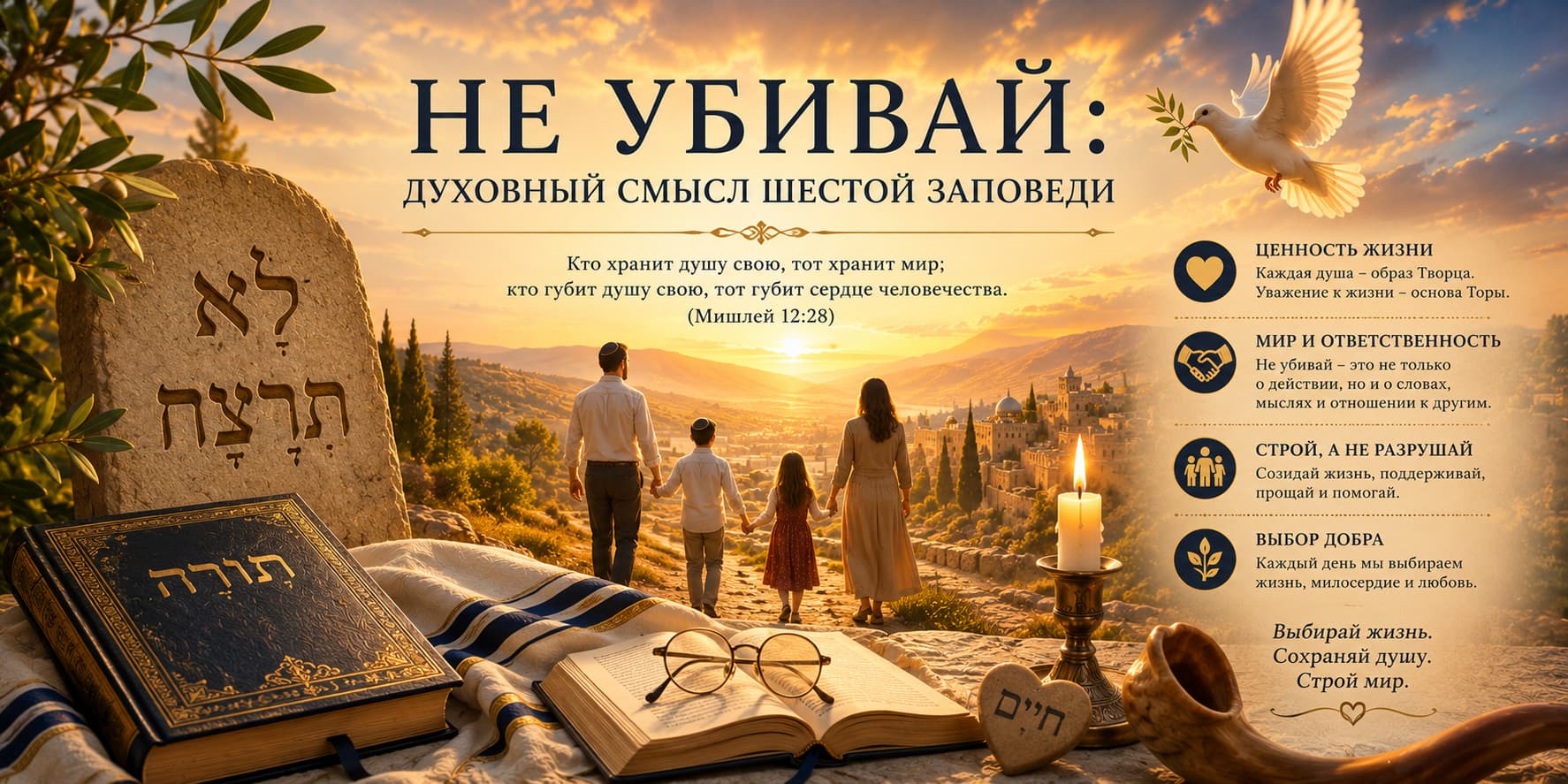 Иллюстрация к статье «Не убивай: духовный смысл шестой заповеди» с Торой, руками взрослого и ребёнка, символами мира, жизни и ответственности на фоне золотого рассвета в Земле Израиля.