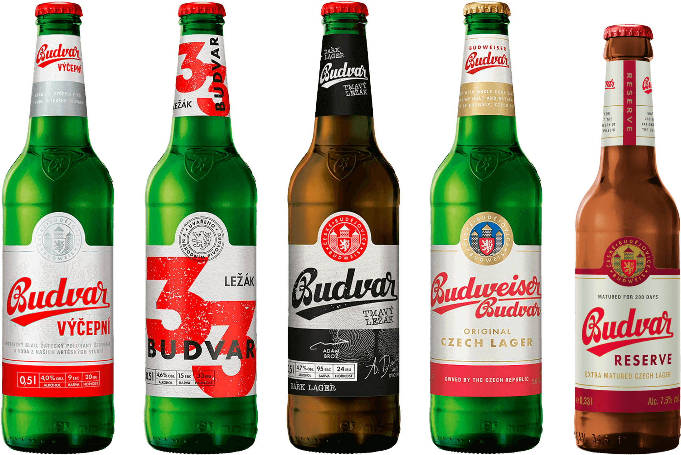 Пять бутылок пива Budweiser Budvar разных сортов.