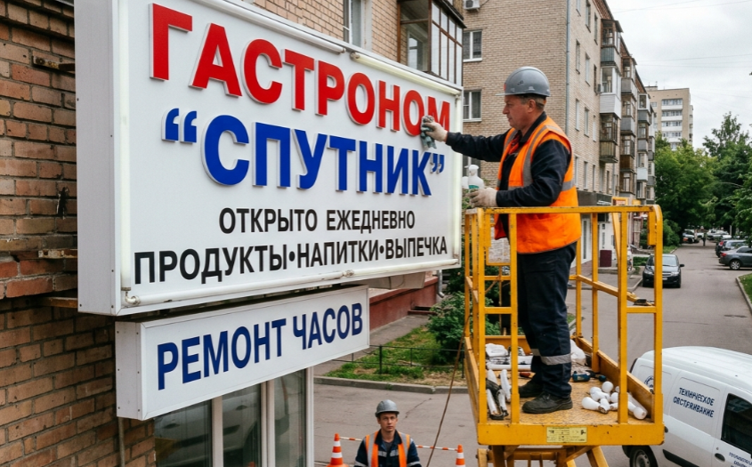 Реставрация световой вывески мастером на вышке