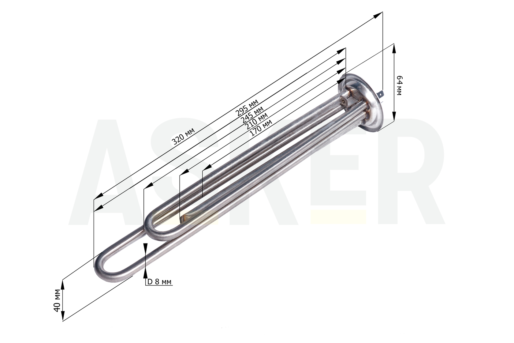 ТЭН водонагревателя 2000W, RF, нерж, фланец 64мм, под анод М4, L295мм