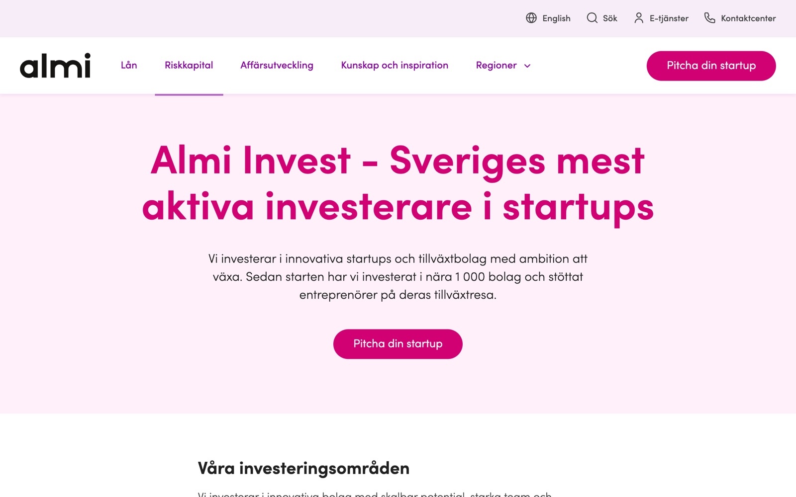 Almi Invest page screenshot: Swedish state-owned startup investor