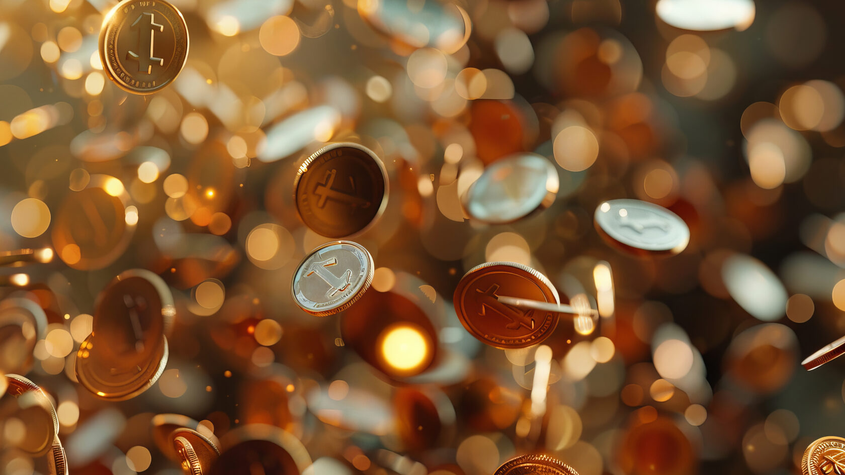 Парящие золотые монеты с символами криптовалют на фоне боке — символ финансового успеха