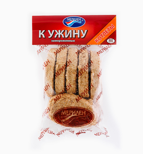 Котлеты «К ужину» от производителя Мерилен — замороженные полуфабрикаты, мясные котлеты для вечернего блюда. Упаковка: 800 гр.