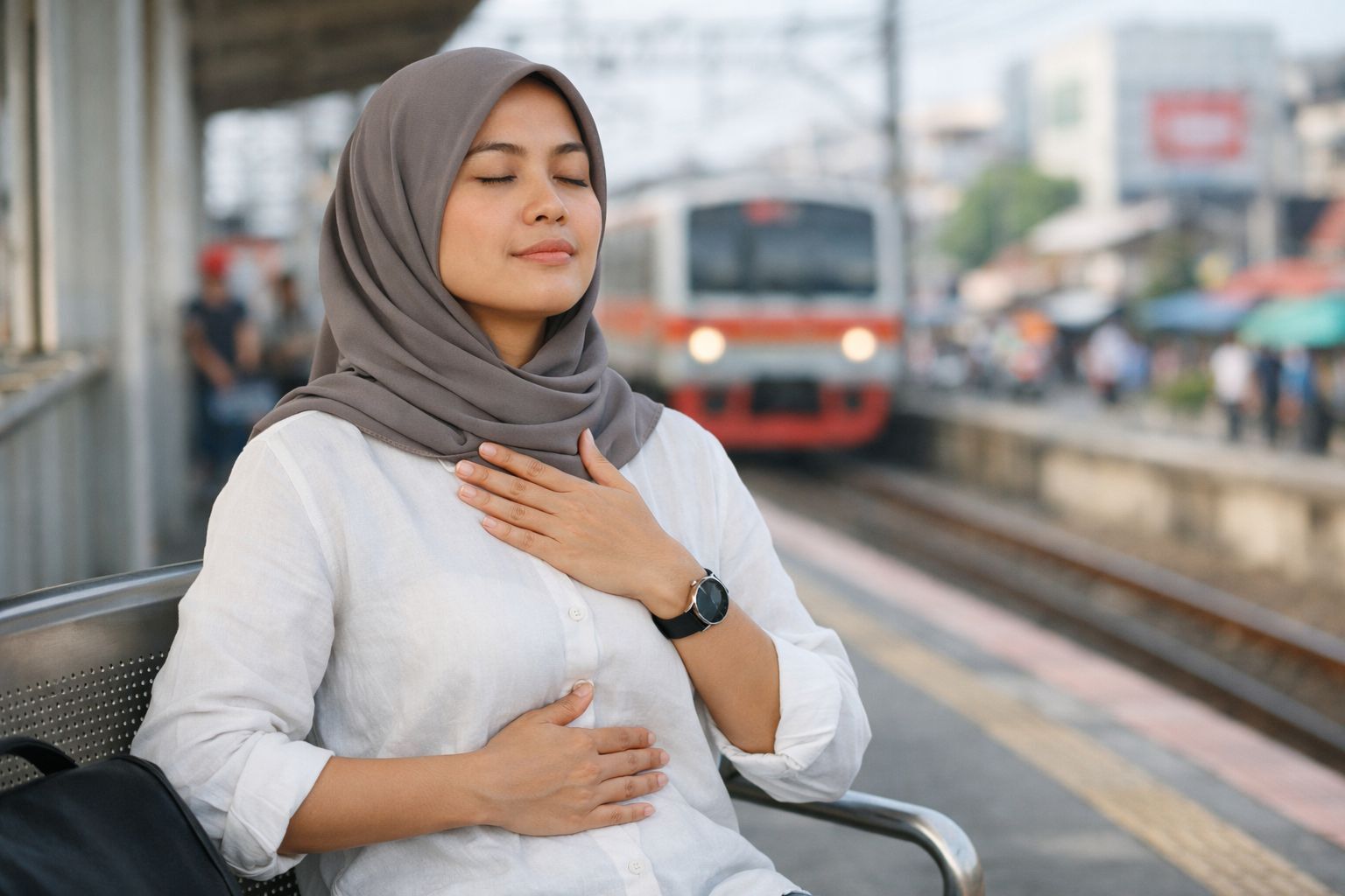 Perempuan melakukan latihan napas dan grounding untuk menenangkan rasa ragu dan cemas sebelum situasi penting