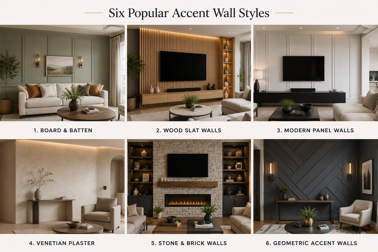 Editorial comparison of six custom accent wall styles including board and batten, wood slats, modern wall panels, Venetian plaster, stone feature walls, and geometric wall designs.