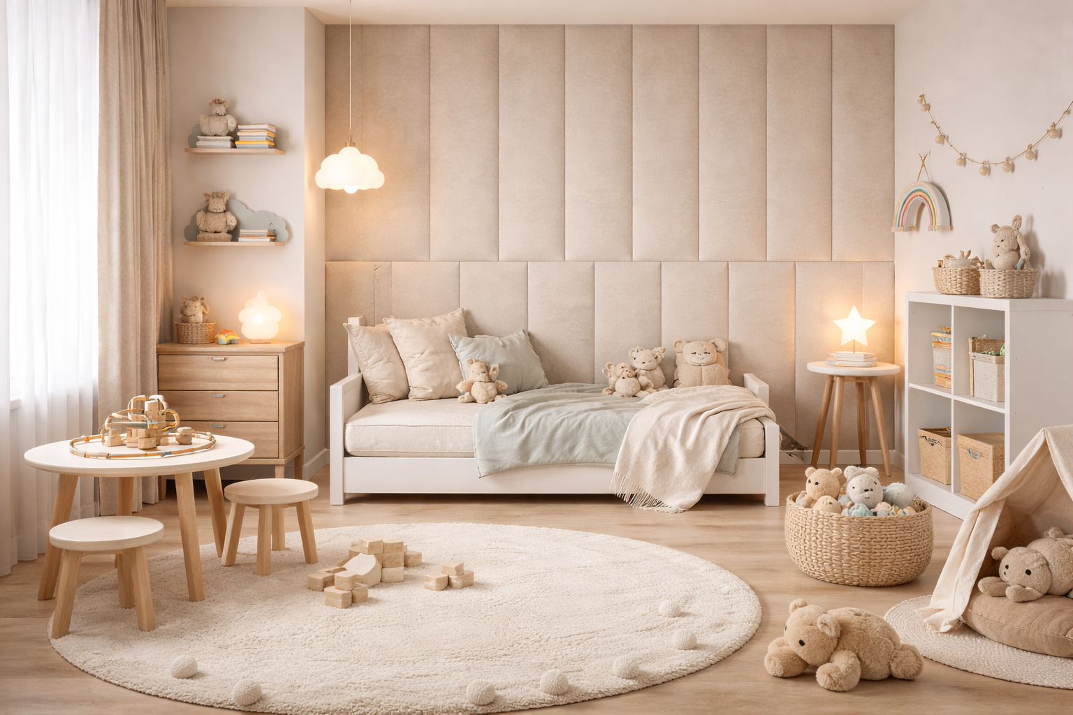 Детская комната с мягкими стеновыми панелями в зоне кровати, безопасный дизайн интерьера для ребёнка, светлые тканевые панели и уютная игровая зона.