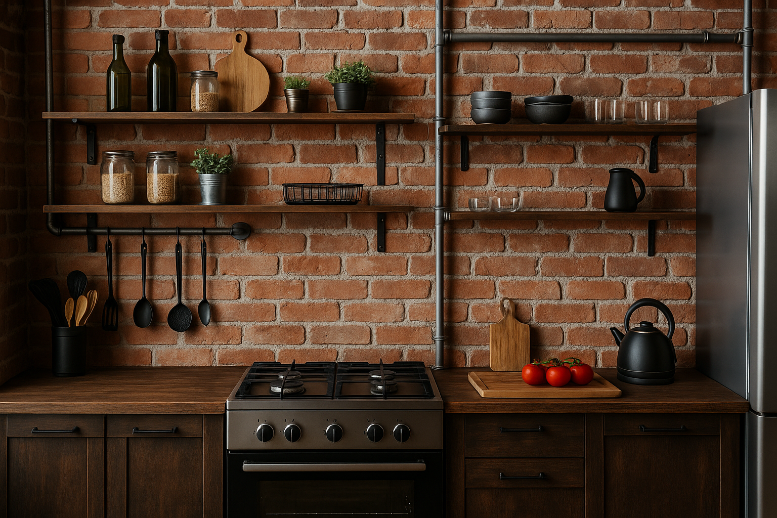 Кухня в стиле лофт: открытые полки, кирпич, металлические элементы и видимые коммуникации