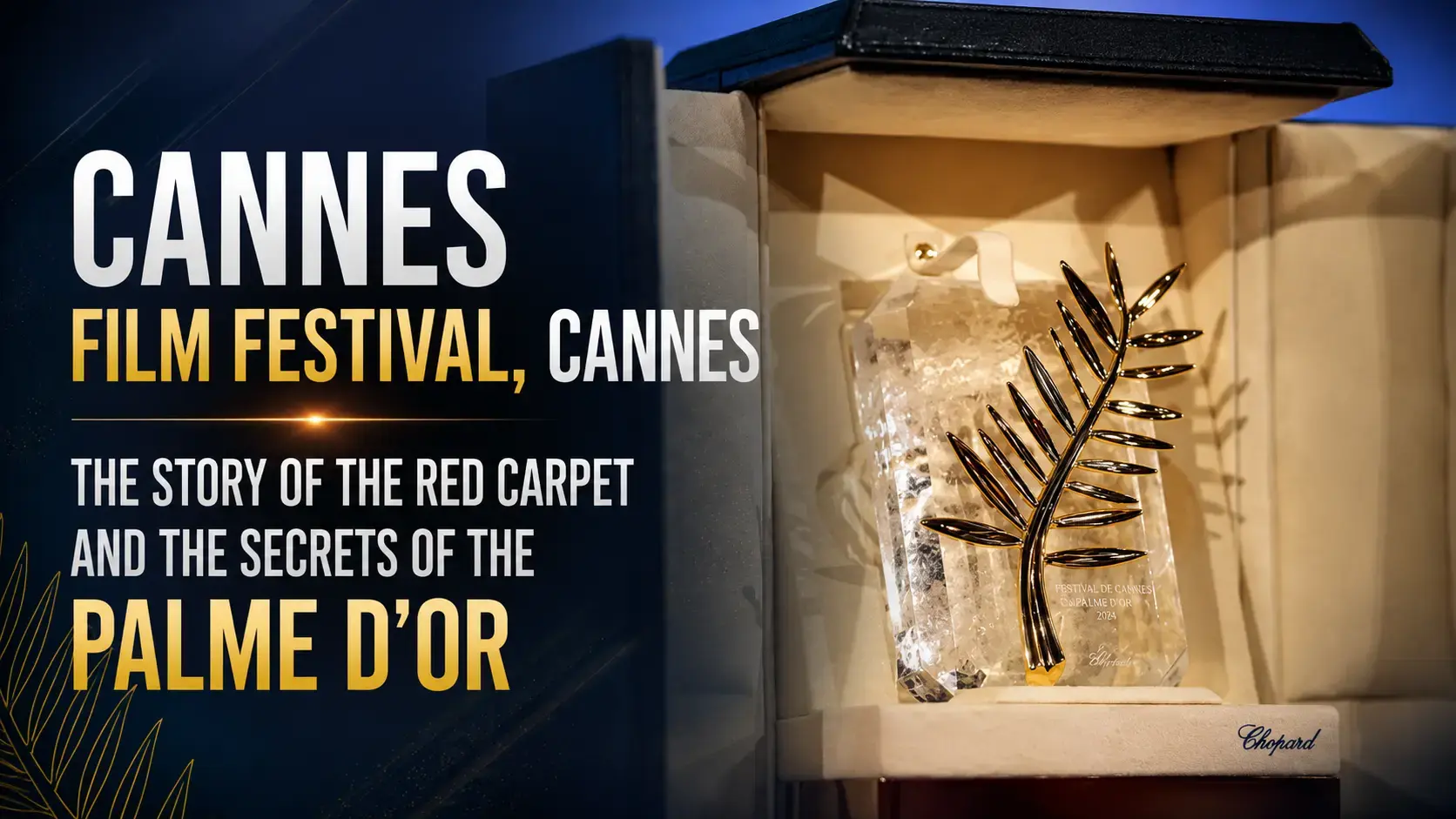 Golden Palm trophy displayed during the Cannes Film Festival in Cannes, France with cinematic luxury atmosphere