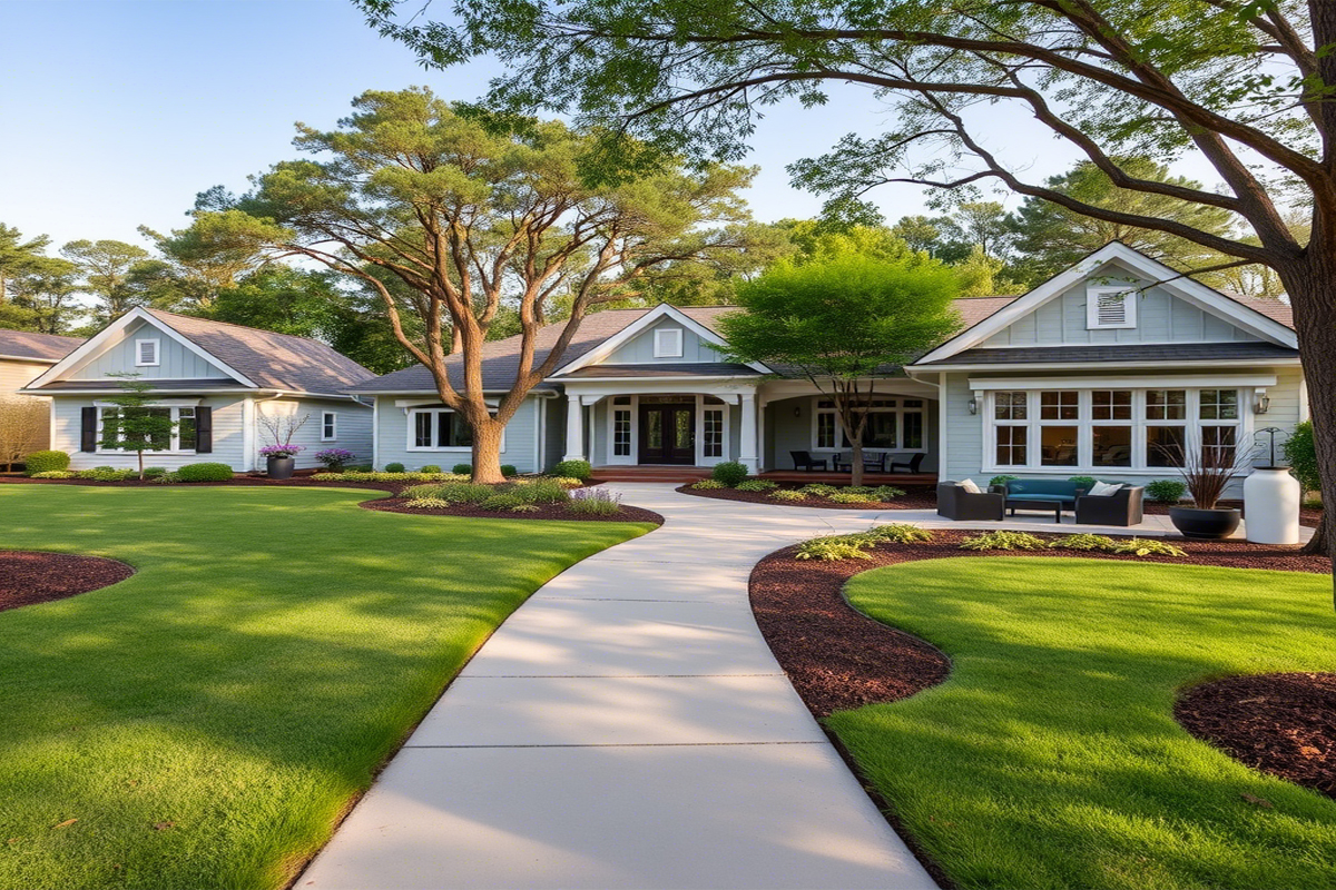 Ухоженный сад с декоративными элементами перед современным домом