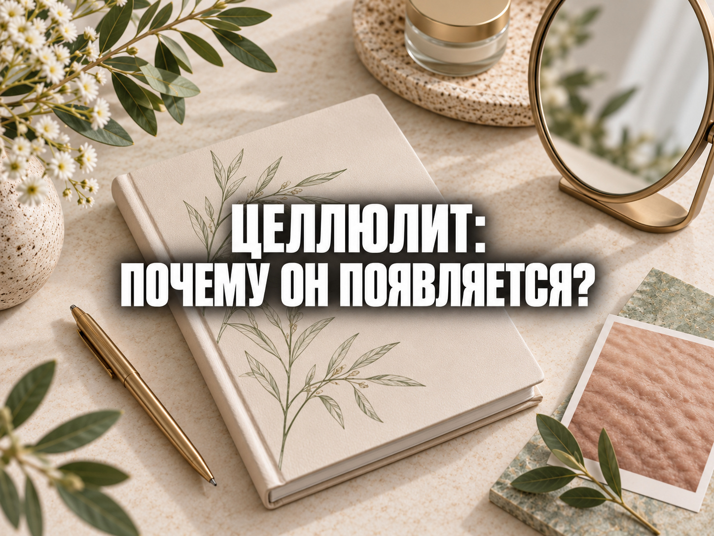 Светлая композиция с зеркалом, блокнотом, растительным рисунком и образцом фактуры; по центру фраза «ЦЕЛЛЮЛИТ: ПОЧЕМУ ОН ПОЯВЛЯЕТСЯ?»