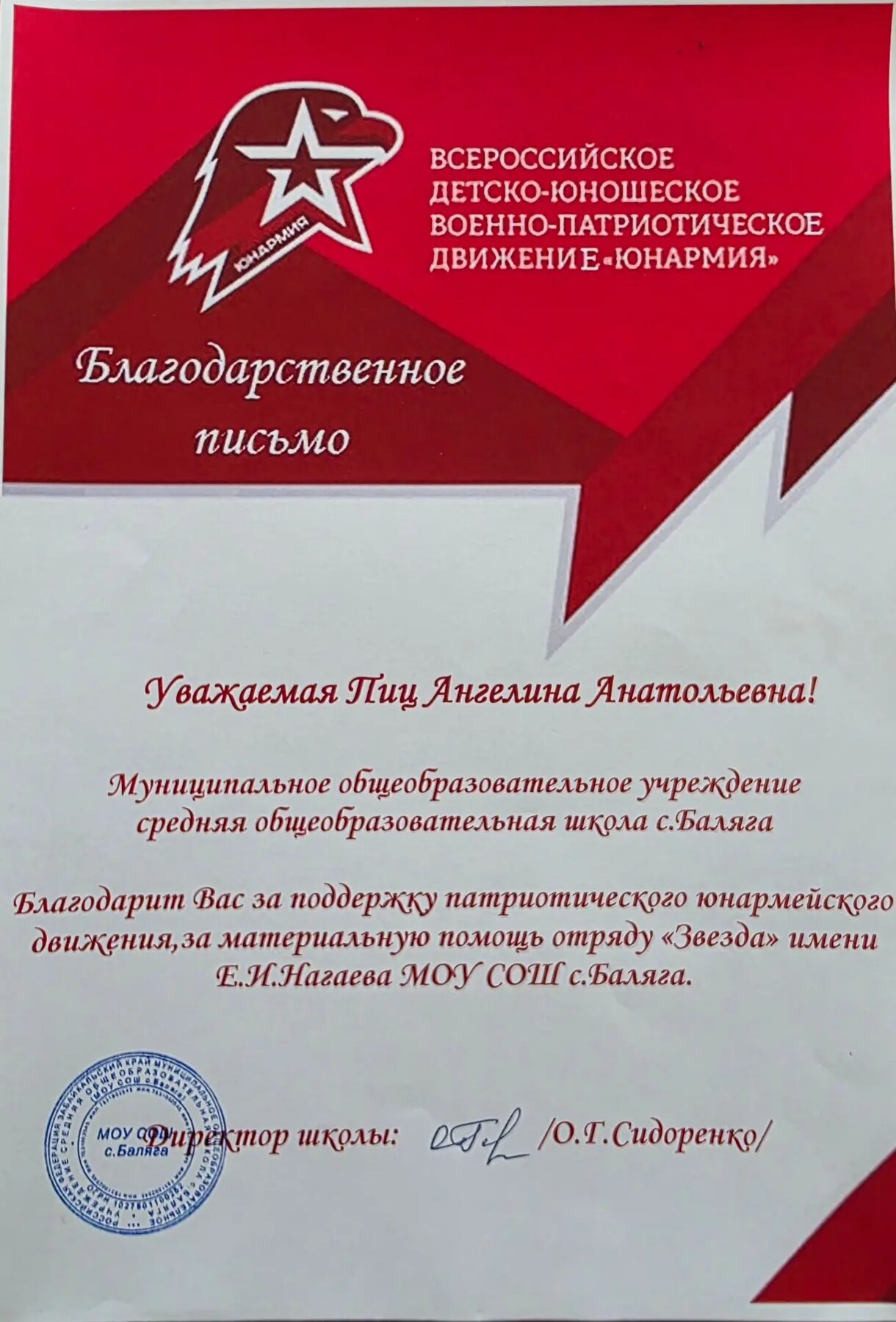Благодарственное письмо движения Юнармия
