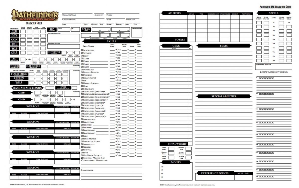 Pathfinder 1e Character Sheet Fillable