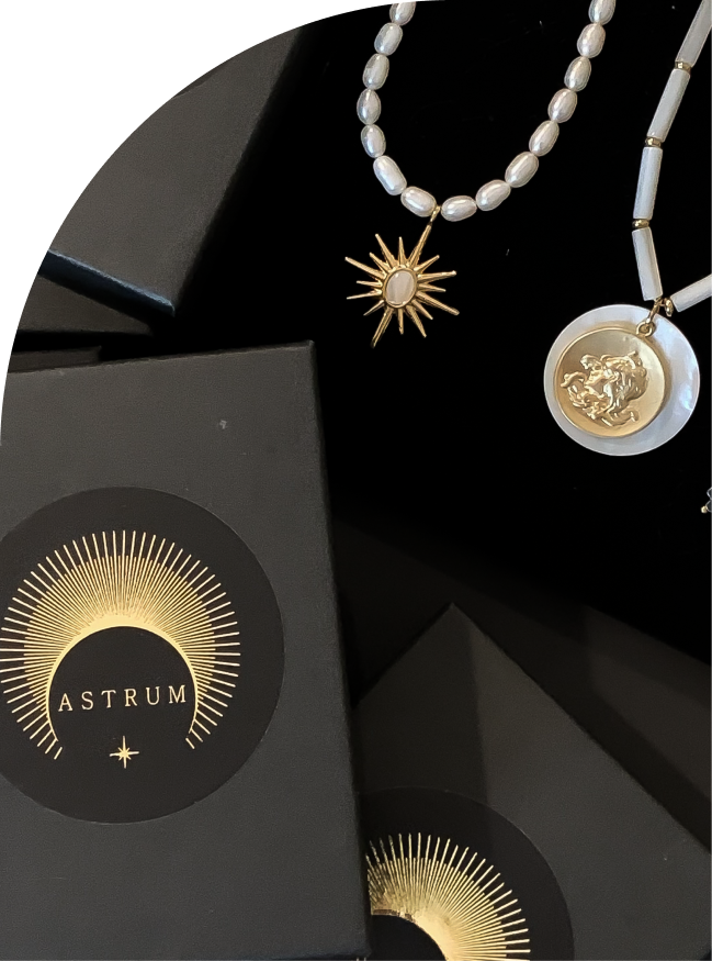 черная подарочная коробка Astrum Jewelry и жемчужные чокеры с золотой звездой и античной монетой