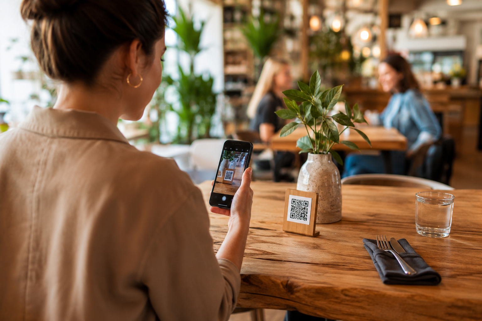 Гостья в кафе сканирует смартфоном QR-код на столе и открывает электронное меню