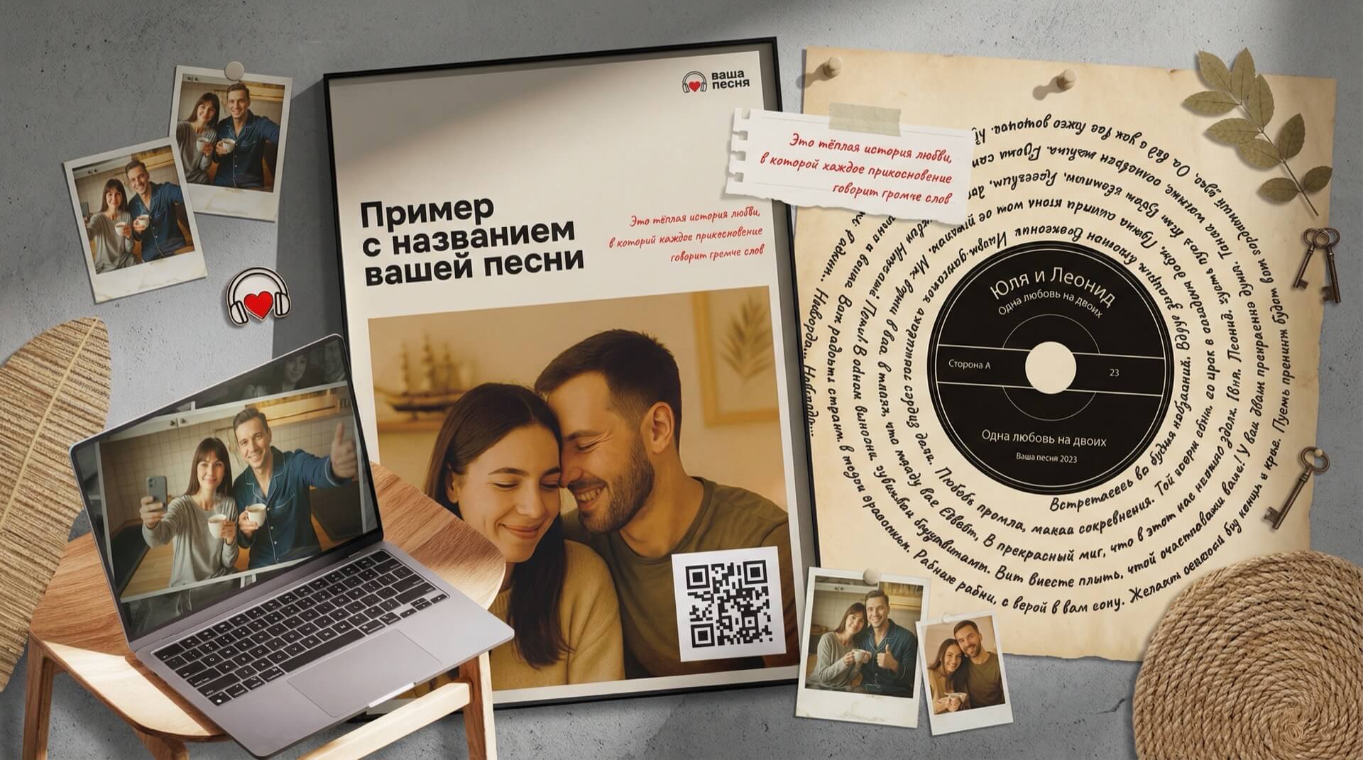 Скрапбукинг-коллаж, рекламирующий музыкальный сервис BSUIS SONG. В центре — фотография улыбающейся женщины в бумажной короне, окруженной воздушными шарами. Слева — фотографии влюбленной пары, QR-код, миниатюрный компас, кораблик и текст на русском языке: 'Пример с названием вашей песни', 'BSUIS SONG', 'Ты знаешь, Настя, Ты - Моё Самое Главное чудо', 'Эта тёплая история... громче слов'. Справа — фотографии пары, разбитые и целые виниловые пластинки, сердечки, открытая книга и текст: 'Любовь', 'Это тёплая история любви... громче слов'. Вверху логотип BSUIS SONG с наушниками и сердцем.