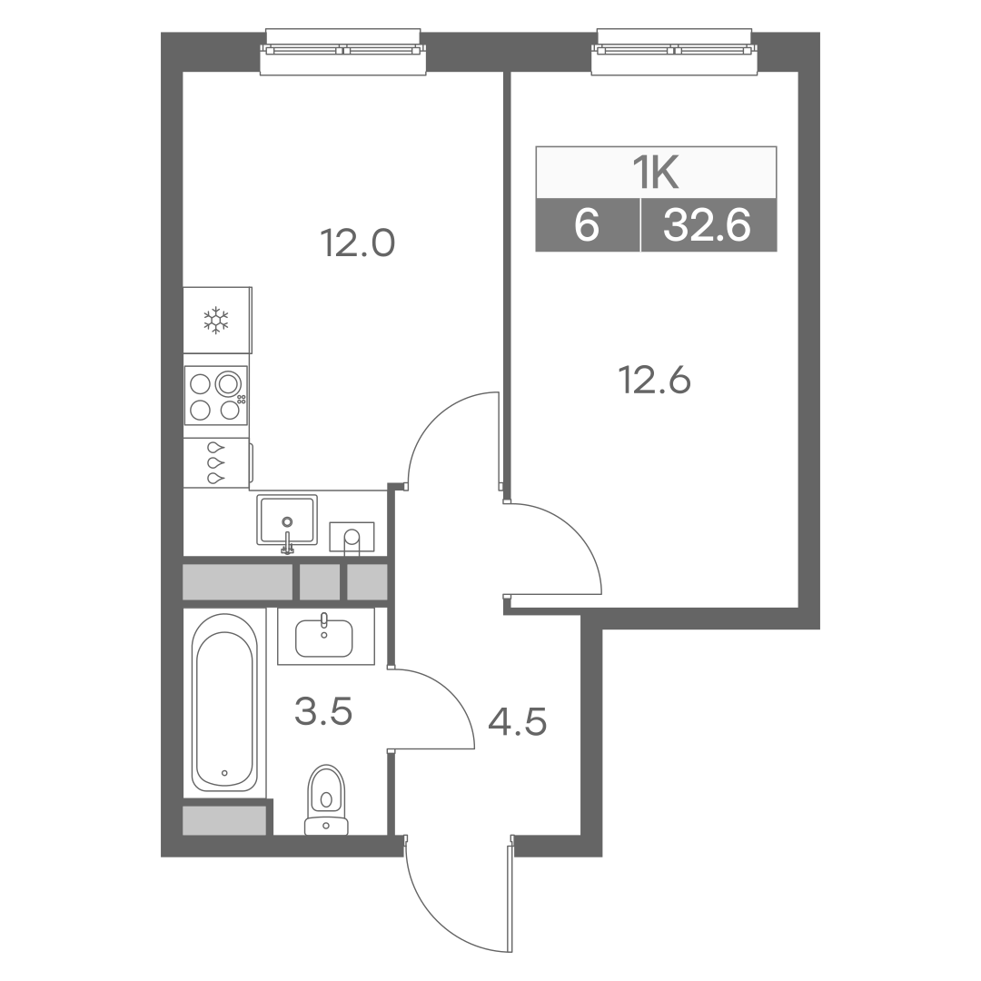 Планировка однокомнатной квартиры 32.60 м² в ЖК Новая Ройка