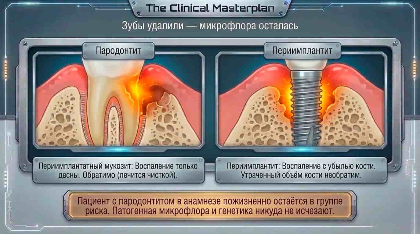 Периимплантит при пародонтите в анамнезе