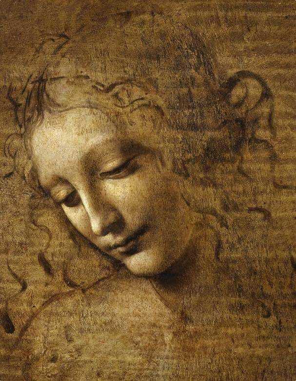 Leonardo da Vinci La Scapigliata drawing, head and shoulders of a woman, soft shading sfumato technique, Renaissance sketch study