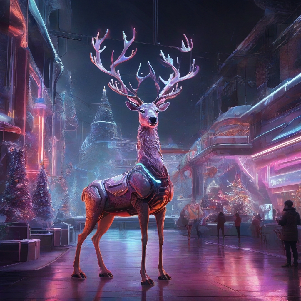 Роботизированный олень на фоне футуристического города в Рождество