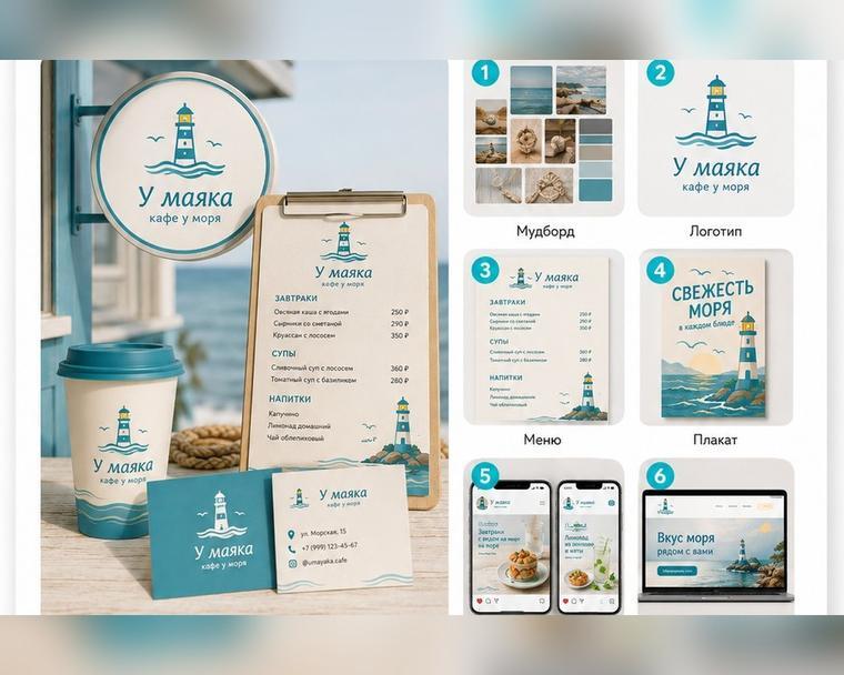 Учебный проект графического дизайна: фирменный стиль кафе «У маяка» — логотип, меню, вывеска, постер и сайт
