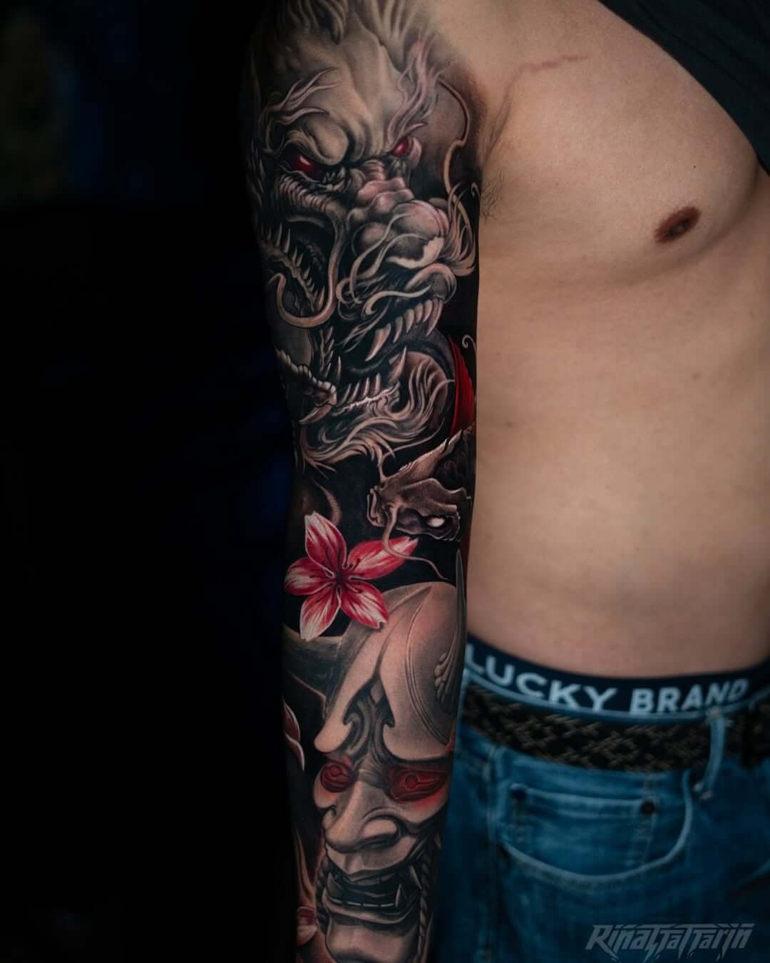 tattoo sleeve, dragon, and Japanese mask