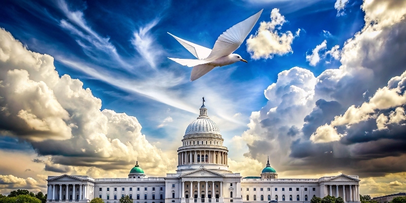 Бумажная птица летит над государственным зданием