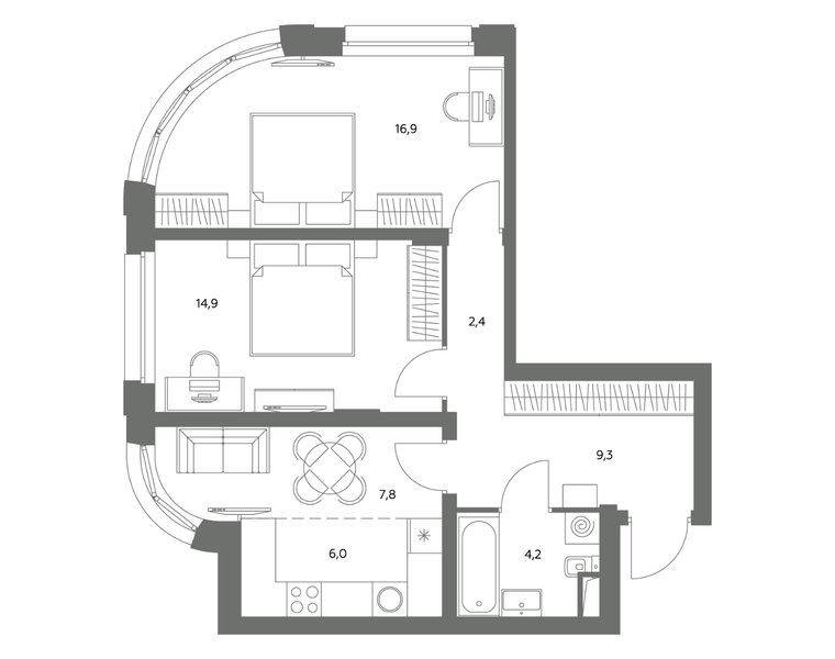 Планировка 3-комнатной квартиры 61,5 м² в ЖК «Адмирал»: корпус 1.1, секция 1, 3-й этаж