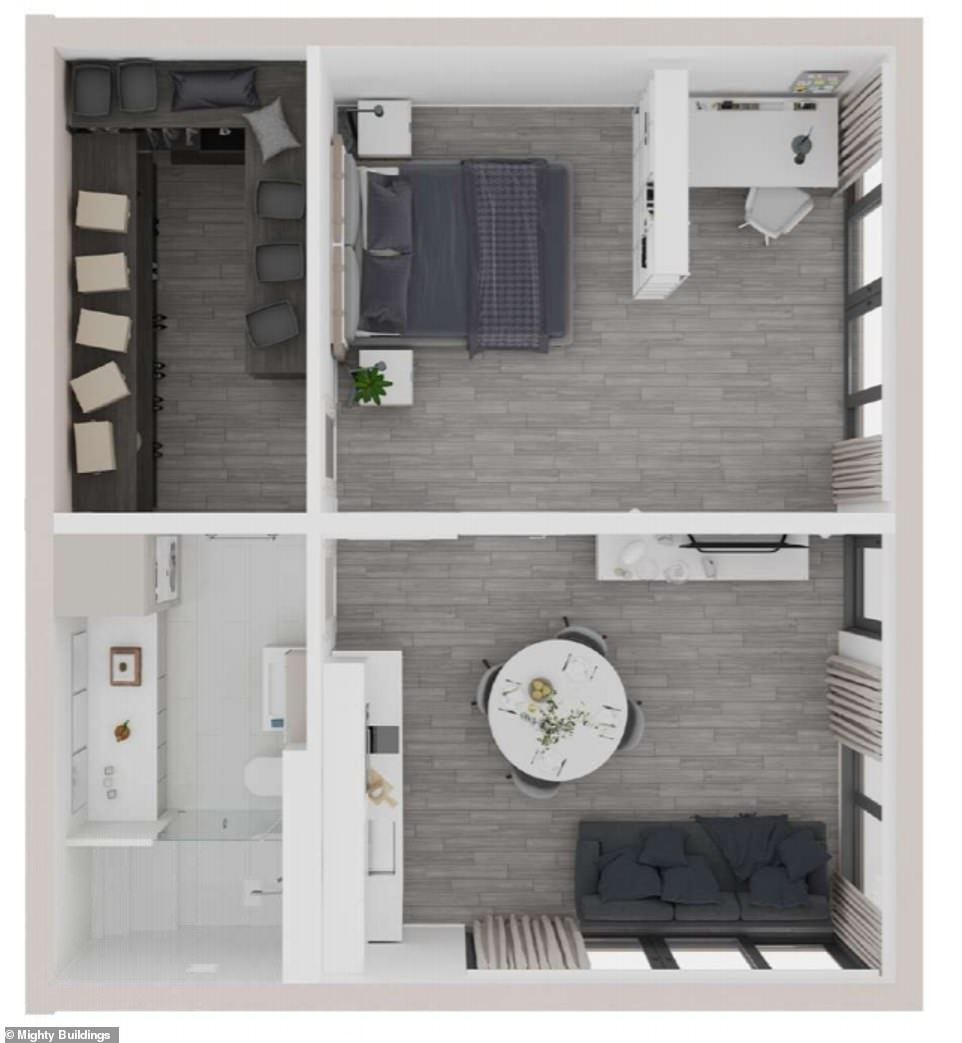 Plan of the £120,000 ($159,000) unit, which features a bedroom that houses a double bed and a walk-in wardrobe, as well as a living room-kitchen combo