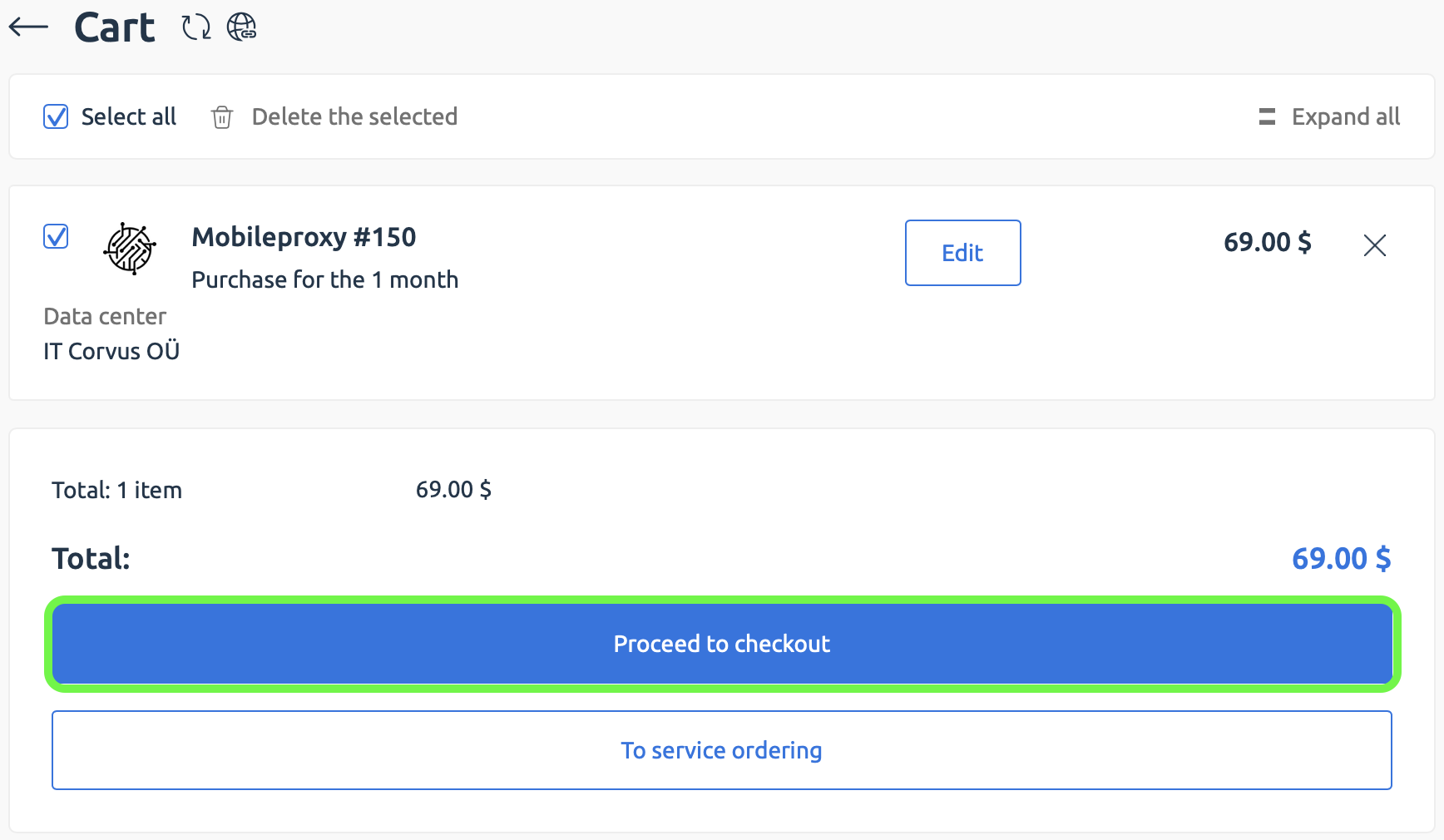 Cart: List of added services for payment and 