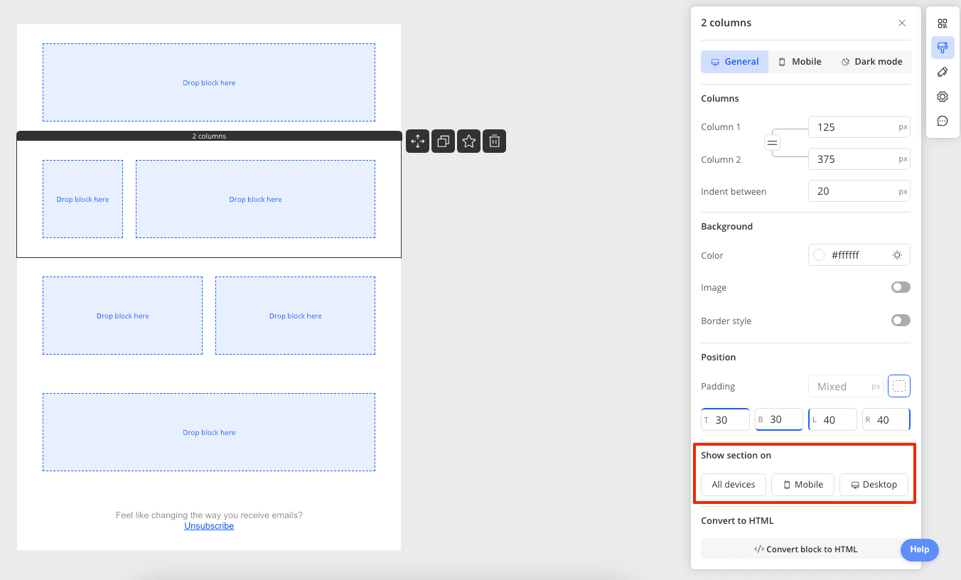 Enable the display of section for desktop or mobile devices