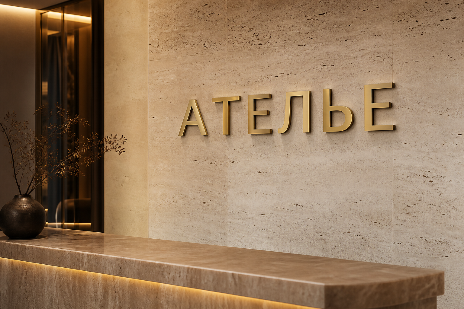 3D-рендер интерьерной металлической вывески «АТЕЛЬЕ» из латуни