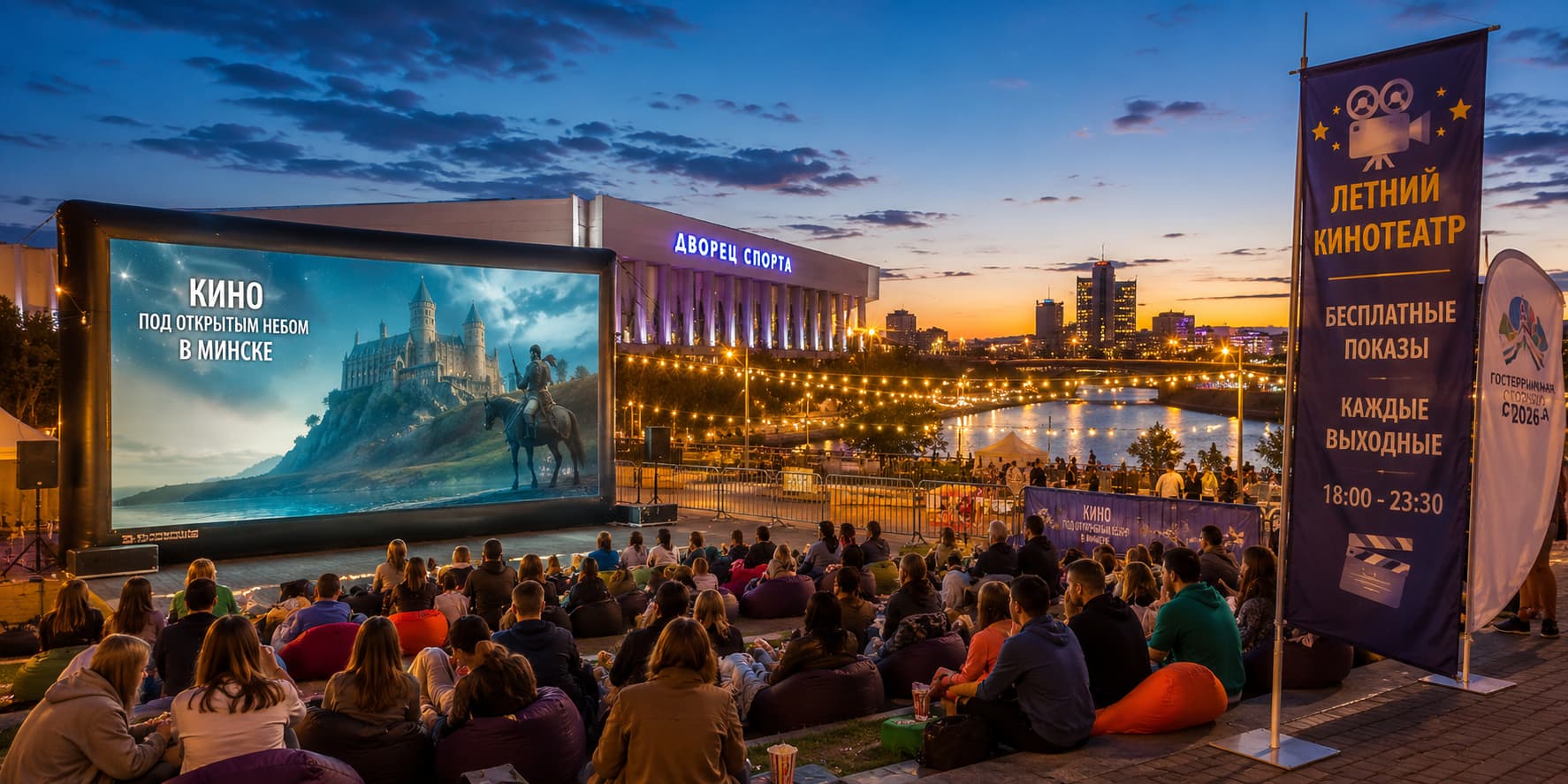 Free open-air movie screening near the Sports Palace in Minsk. Summer outdoor cinema on the Svislach riverside in the city center close to Center Rooms Hostel.